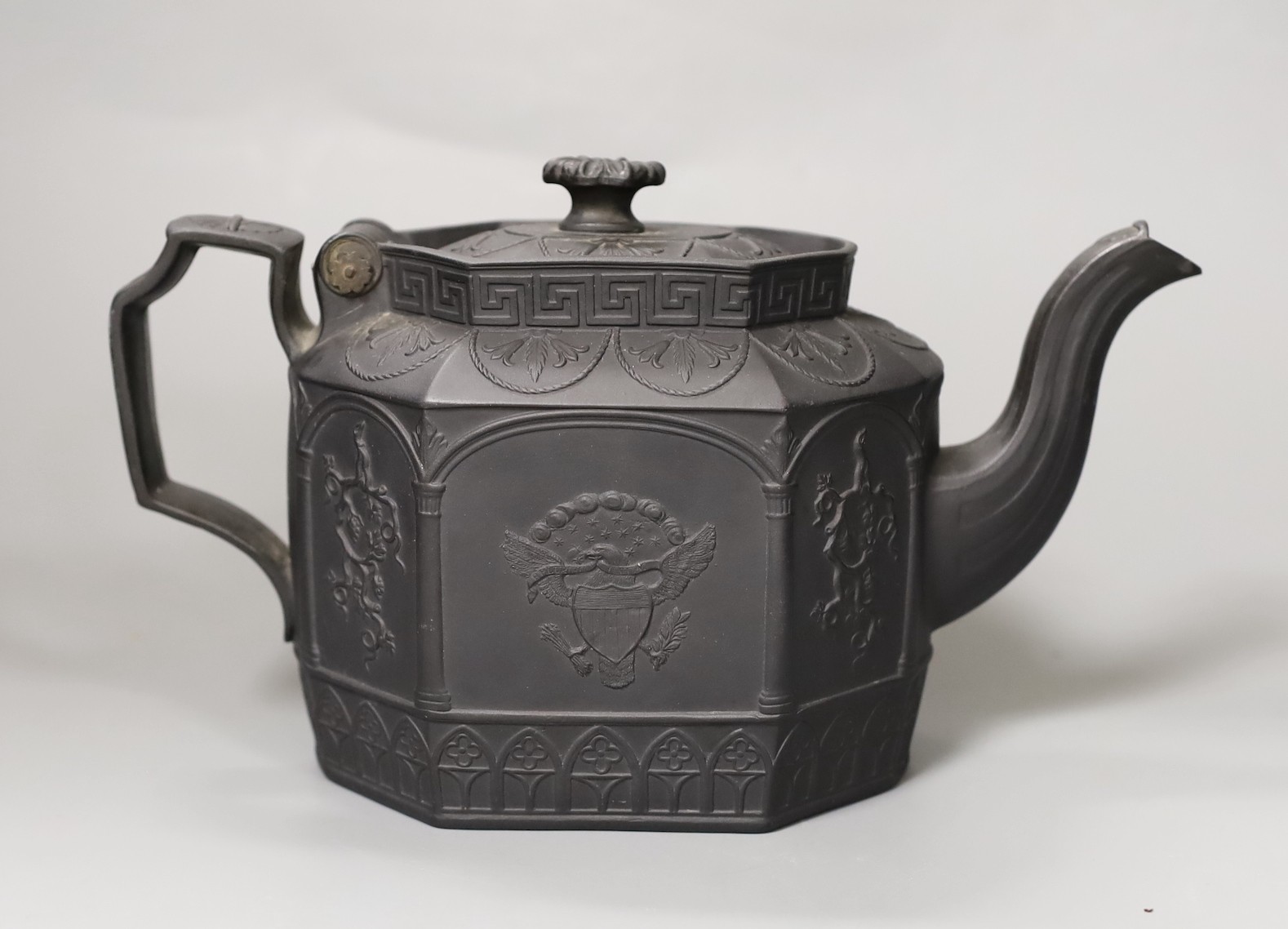 A 19th century American commemorative black basalt teapot 14.5cm